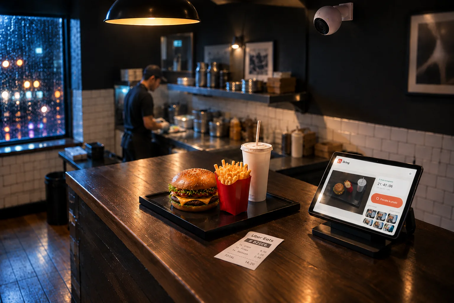 Cuisine du restaurant la nuit : la caméra Dring au mur, la tablette affichant l'app Dring avec la photo de la commande, le ticket Uber Eats № B29E6 sur le comptoir